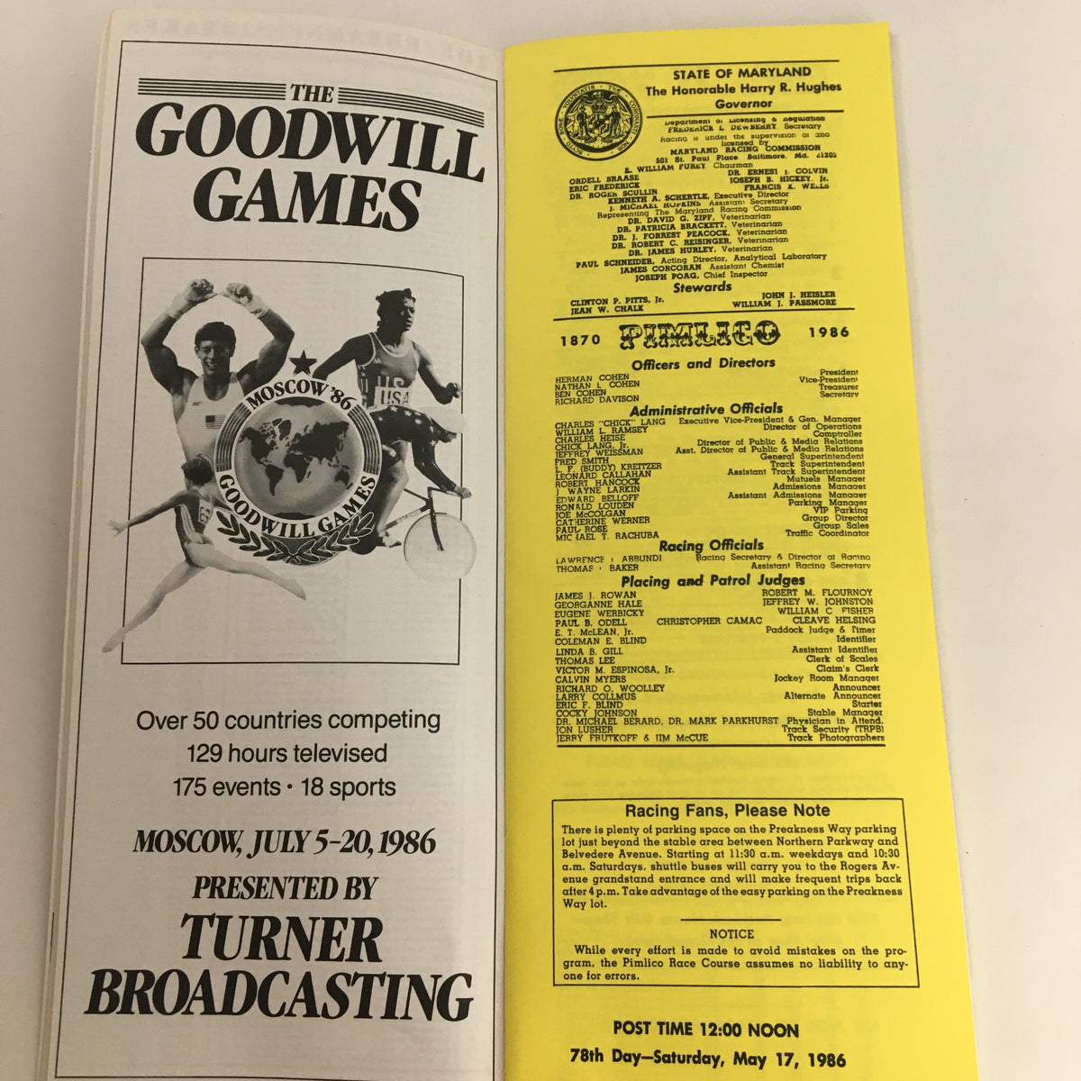 Inside page of the 1986 Pimlico Race Course The Preakness Official Souvenir Program presenting a schedule and details for the event.