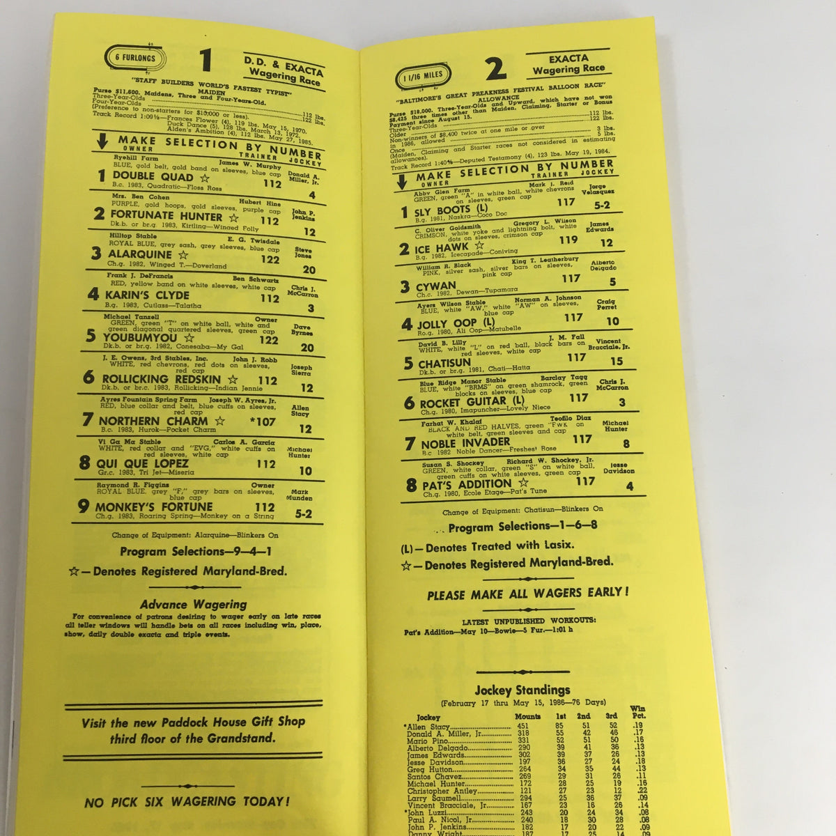 Wagering and race information from the 1986 Pimlico Race Course The Preakness Official Souvenir Program displaying betting selections and jockey standings.