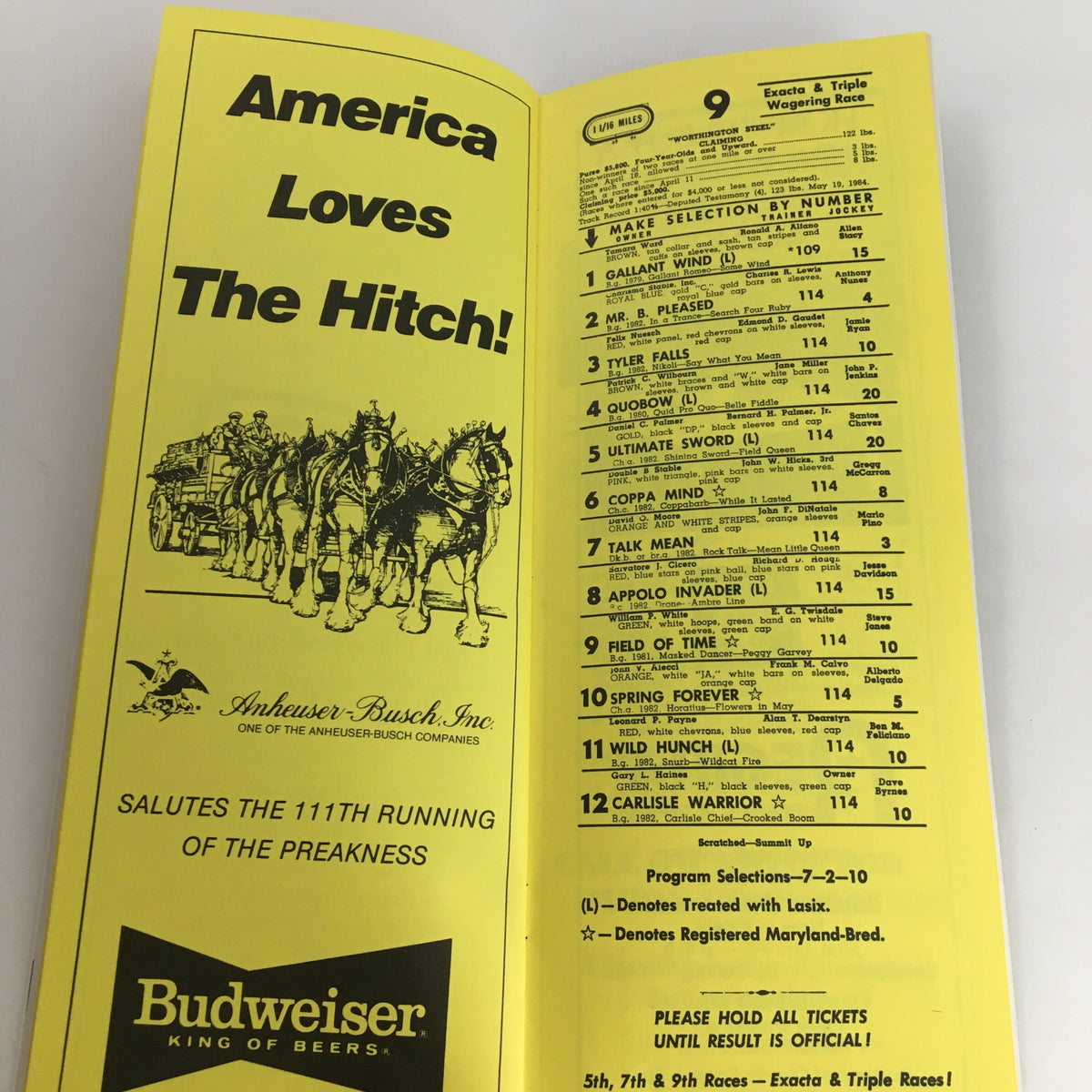 Budweiser advertisement in the 1986 Pimlico Race Course The Preakness Official Souvenir Program, celebrating the event's 111th running.