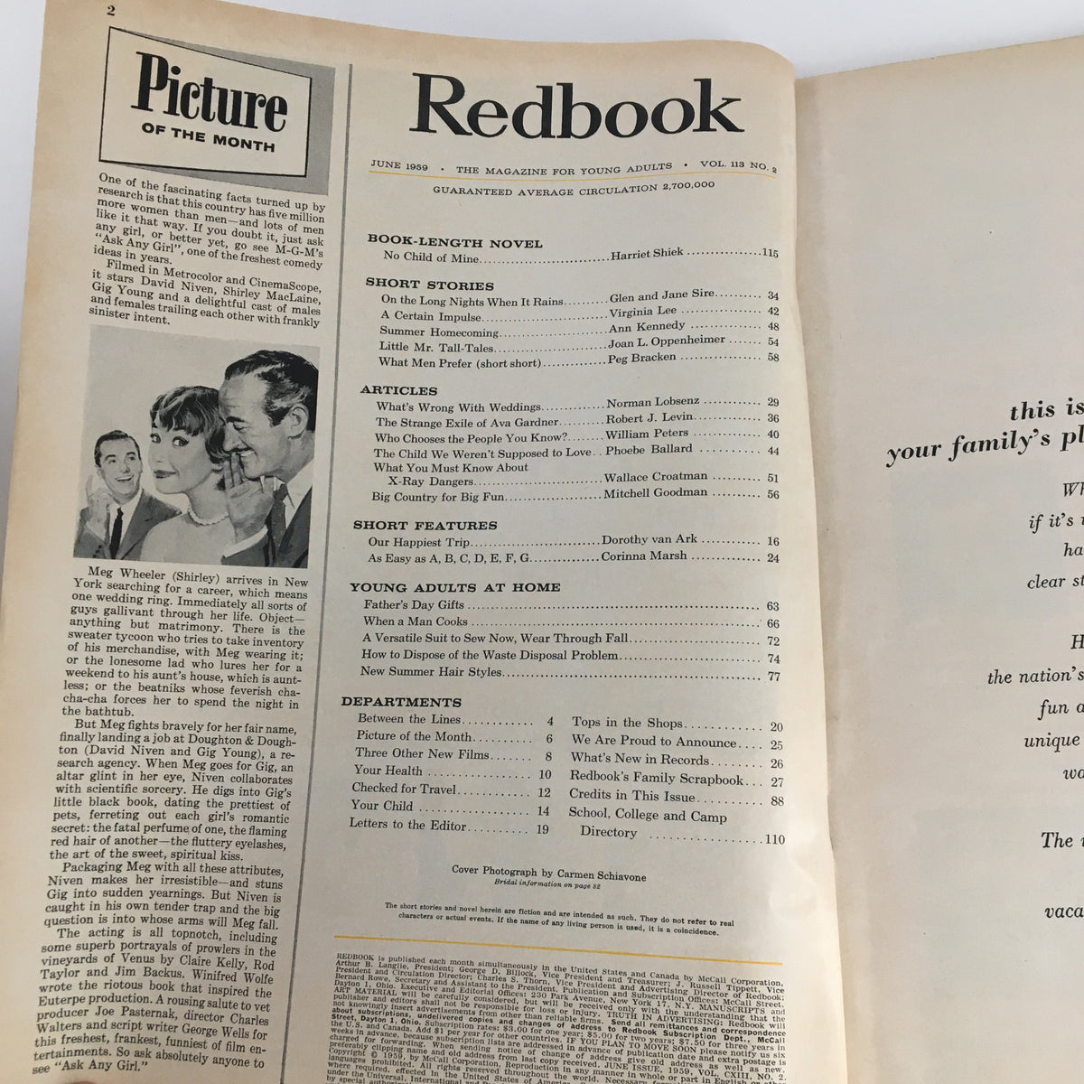 Interior page of the June 1959 Redbook Magazine showcasing the index and articles, including 'The Strange Exile of Ava Gardner' alongside classic stories and features from that era.