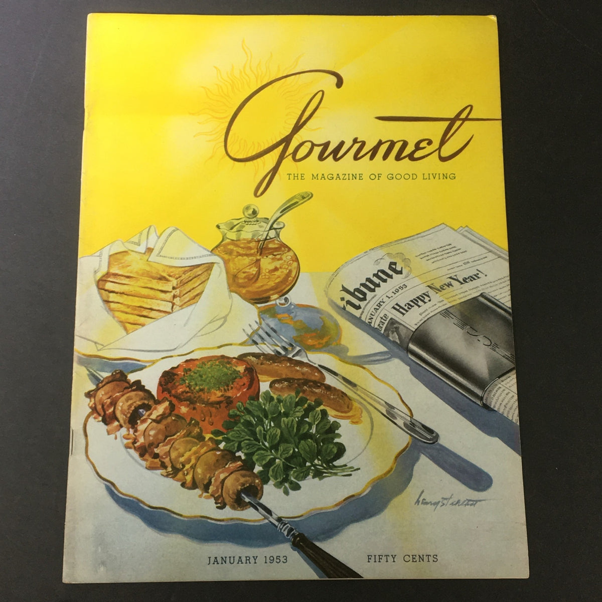Cover of VTG Gourmet The Magazine of Good Living, January 1953, featuring a beautifully illustrated gourmet meal with yellow background and elegant design.