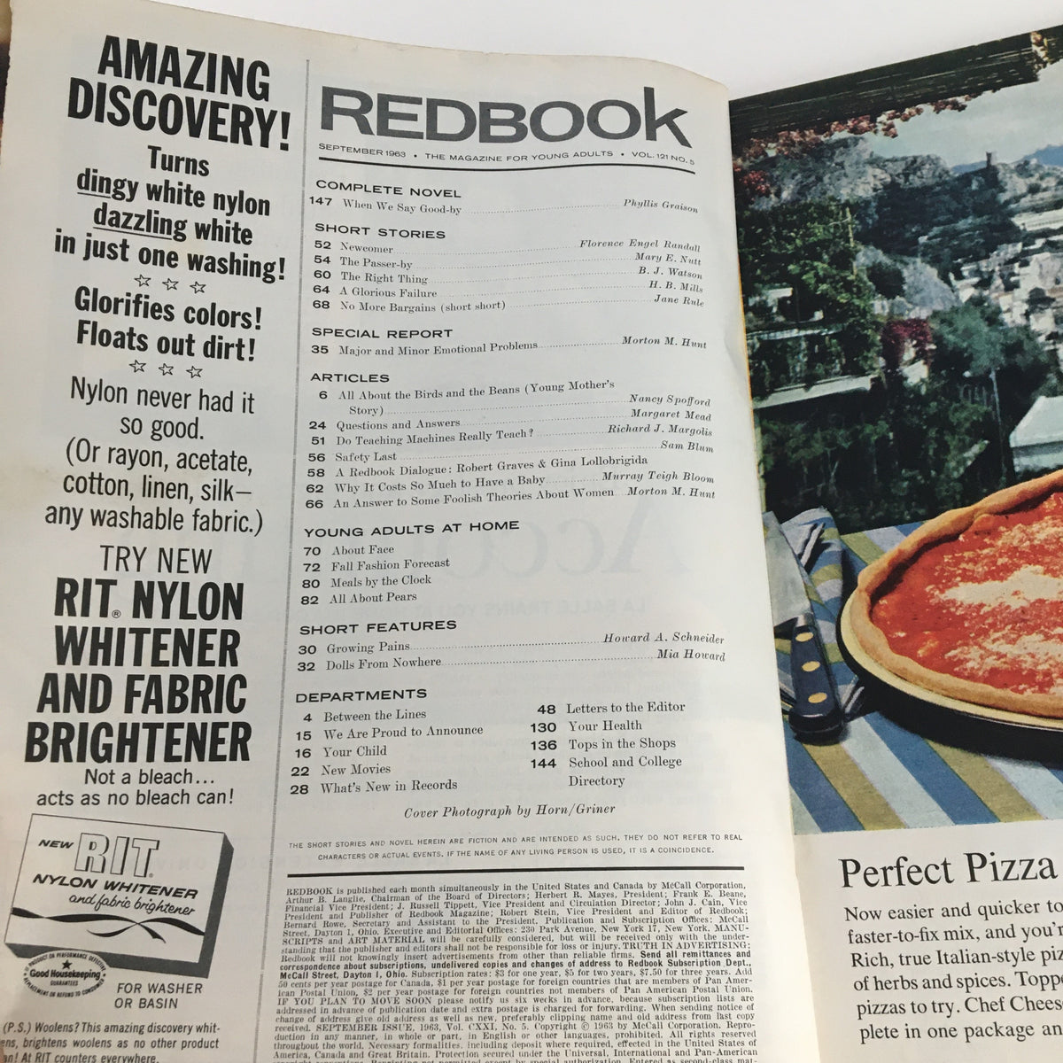 Interior page of Redbook Magazine September 1963 featuring articles, advertisements, and a table of contents for literary and lifestyle content. Includes a notable dialogue between Robert Graves and Gina Lollobrigida.