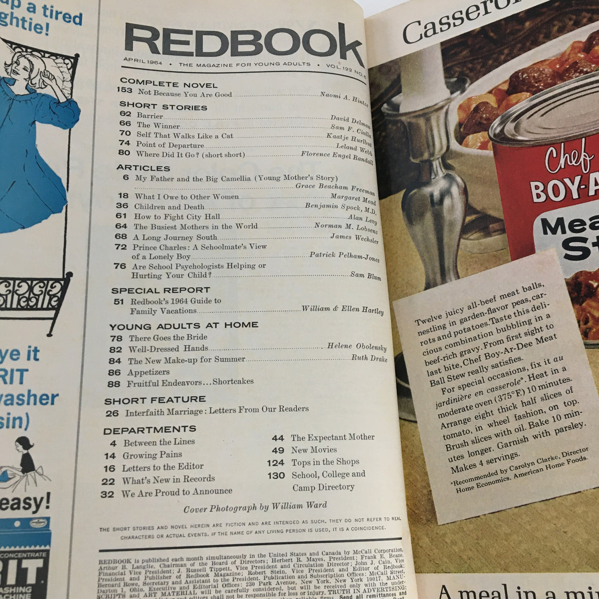 Inside of the Redbook Magazine April 1964, displaying the table of contents with an article titled 'Prince Charles: A classmate's view of a lonely boy,' showcasing various featured stories and topics.