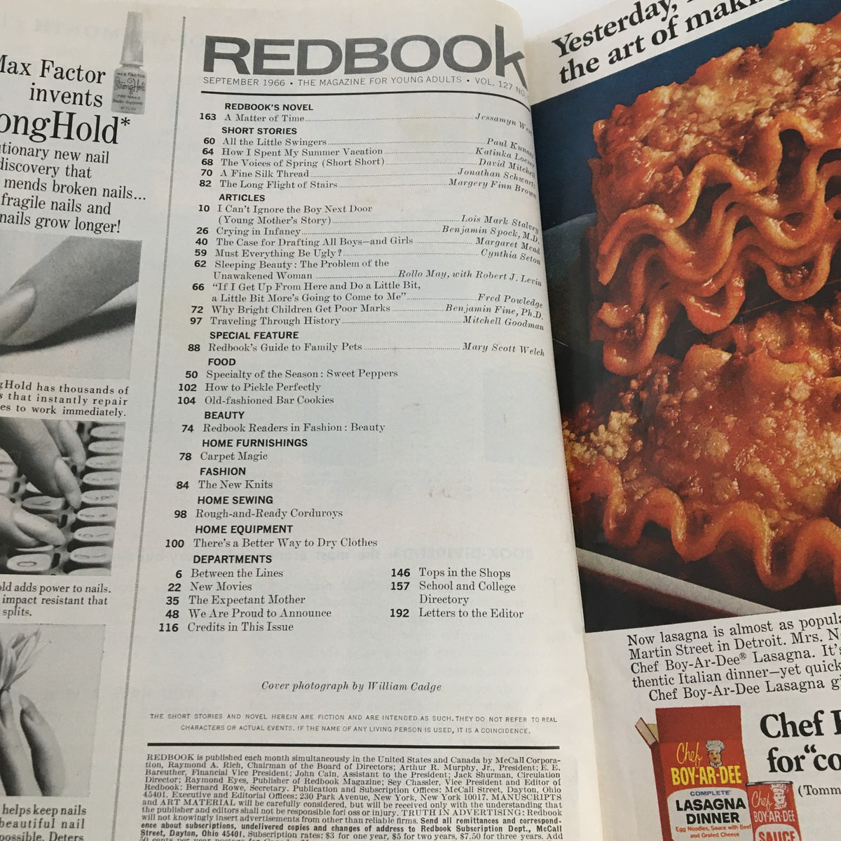 Inside page of Redbook Magazine September 1966 showcasing the table of contents with various article titles including 'The Case for Drafting Girls' by Margaret Mead.