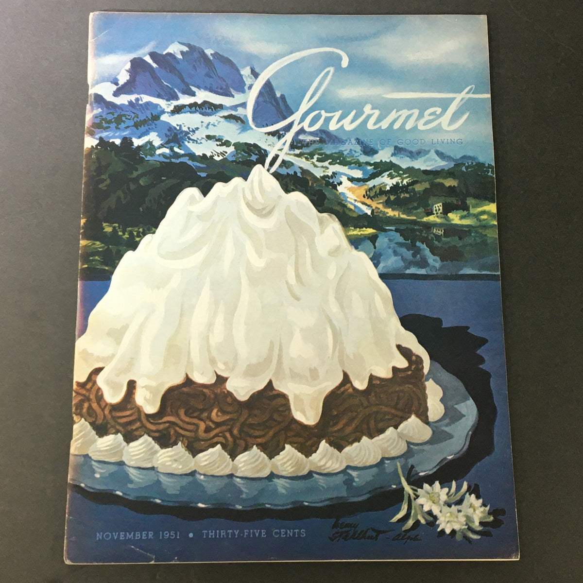 Cover of VTG Gourmet The Magazine of Good Living November 1951 featuring a dessert presentation with a scenic mountain backdrop.