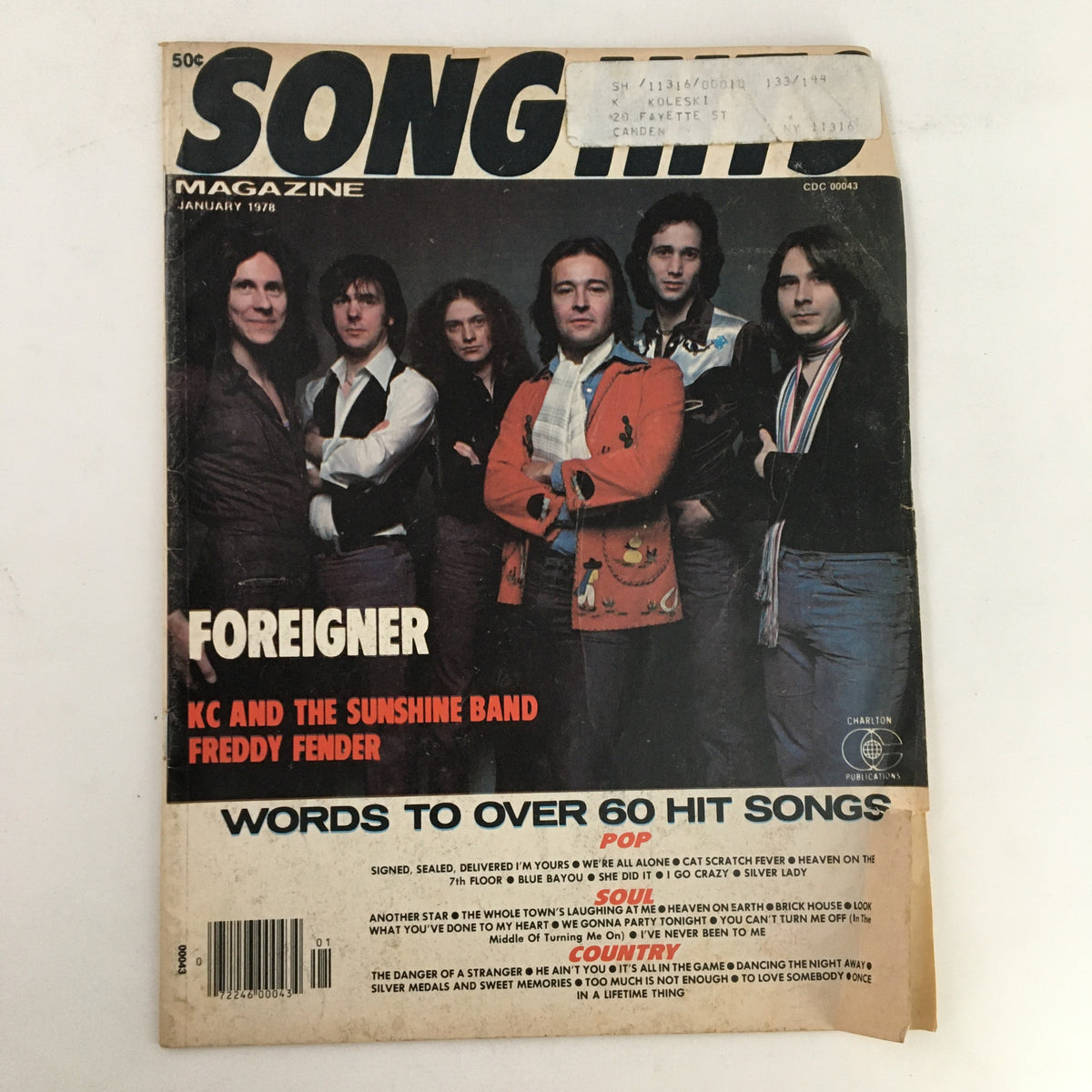 Cover of Song Hits Magazine, January 1978, featuring the band Foreigner, along with KC and The Sunshine Band, showcasing vibrant art and highlighting iconic music from the late 1970s.