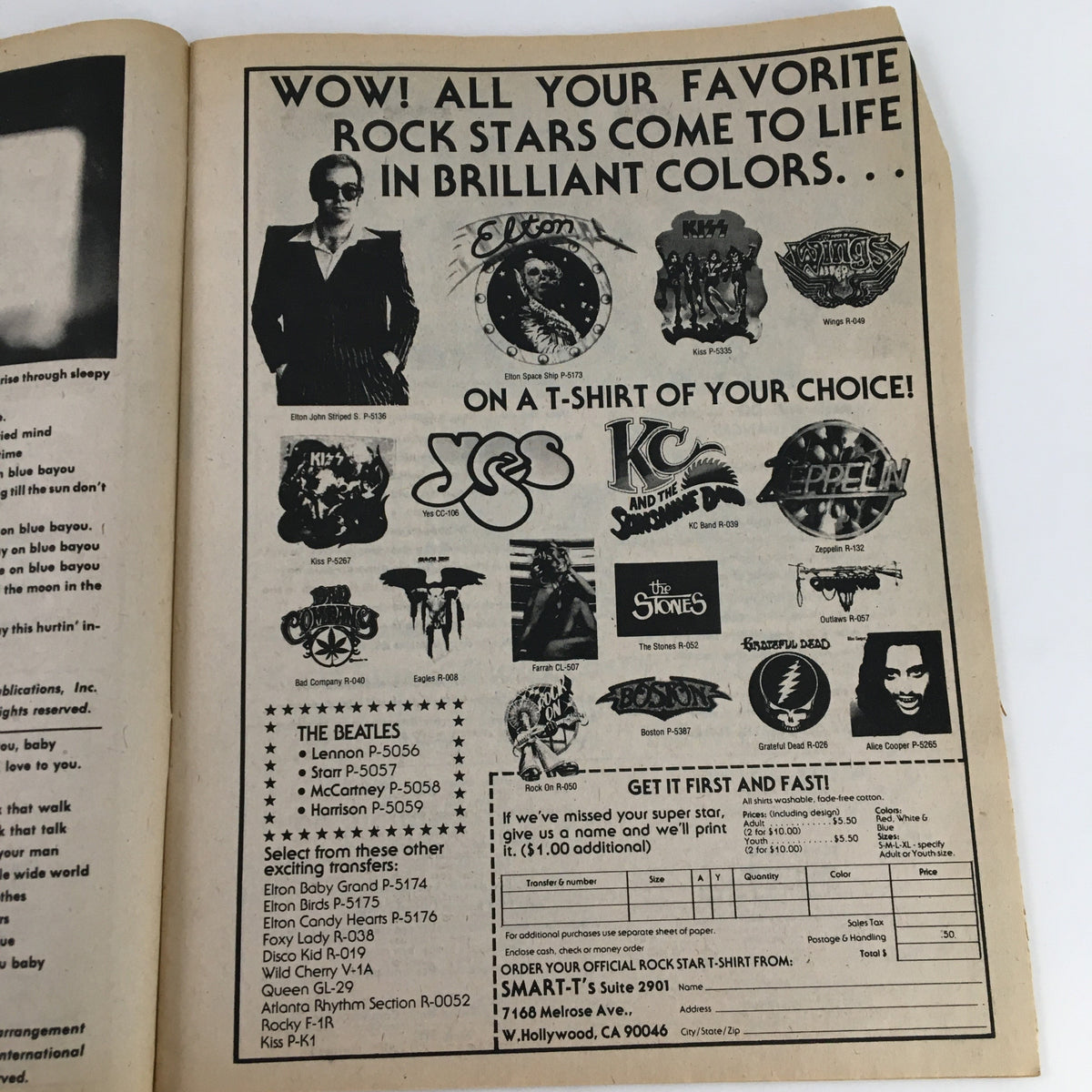 Interior page from Song Hits Magazine January 1978 featuring advertisements for rock star T-shirts, showcasing famous artists like Elton John, KC and The Sunshine Band, and Yes. A collectible piece highlighting the music culture of the late 1970s.