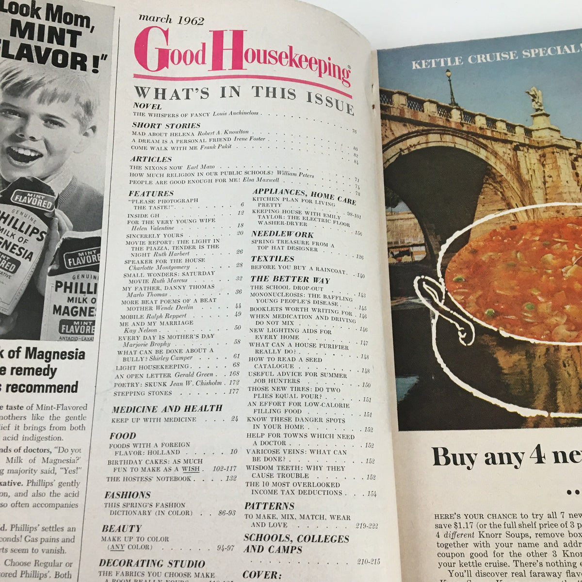 Inside spread of Good Housekeeping Magazine March 1962 showcasing the table of contents including articles like 'The Nixons' and various household topics from the era.