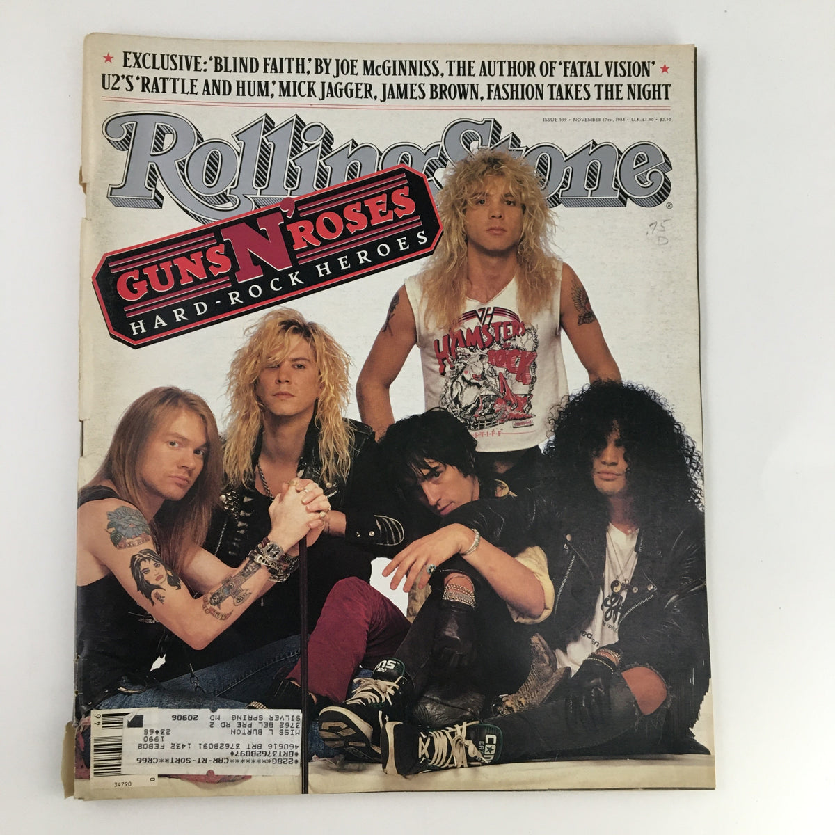 Cover of Rolling Stone Magazine November 17, 1988 featuring Guns N' Roses, James Brown, and Mick Jagger, showcasing iconic rock musicians from the late 80s.