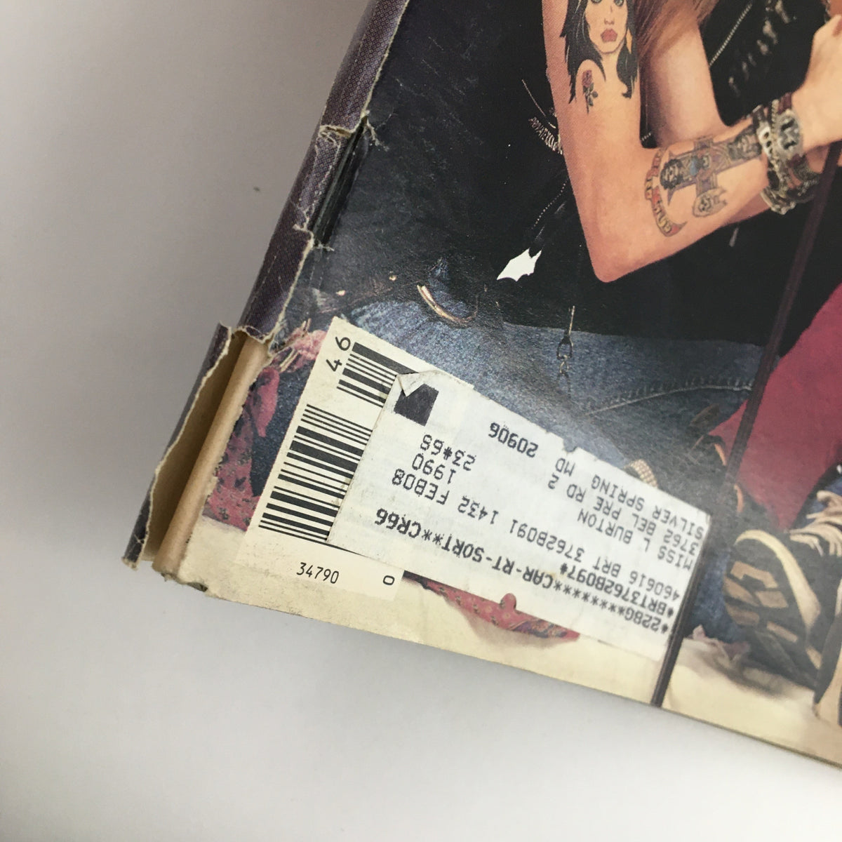 Close-up view of the spine and barcode of Rolling Stone Magazine November 17, 1988, highlighting its vintage condition and collector's details.