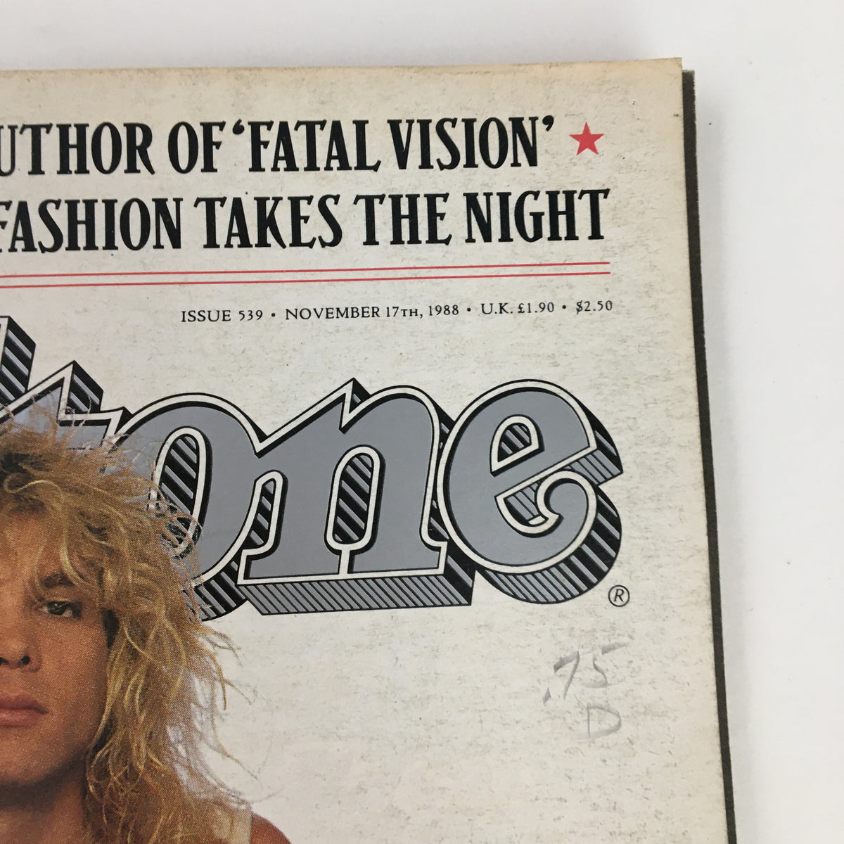 Close-up of the top portion of the Rolling Stone Magazine November 17, 1988 featuring the iconic logo and publication date, alongside an image of Guns N' Roses.