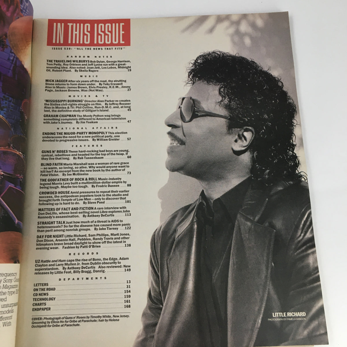 Page inside Rolling Stone Magazine November 17, 1988 showing the contents with artists listed including Guns N' Roses, and a profile photo of Little Richard.