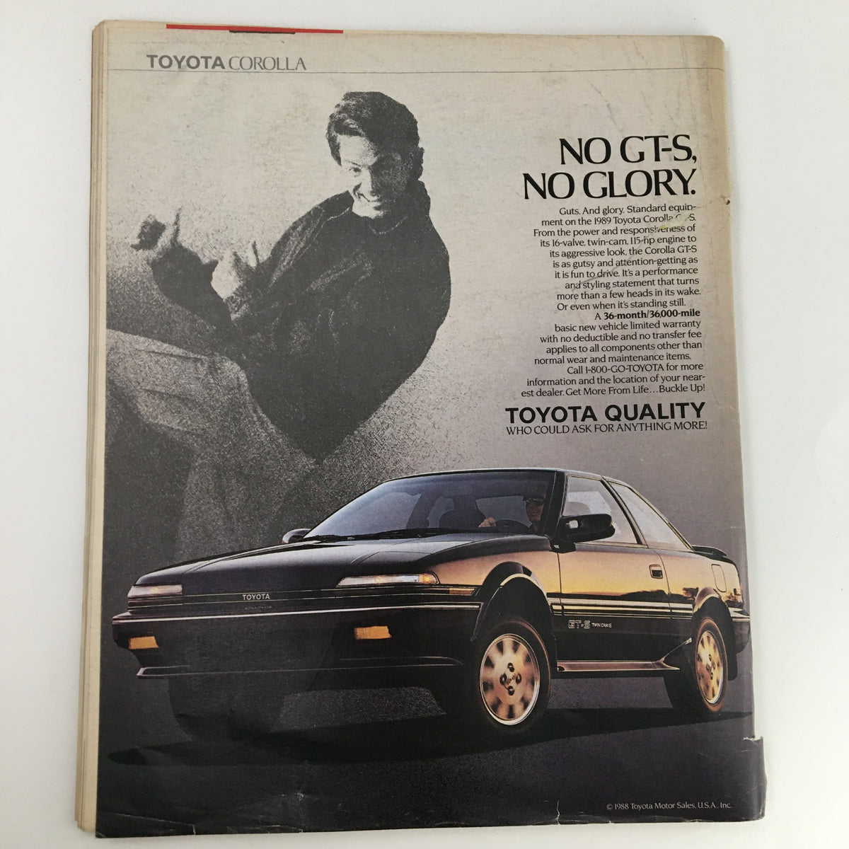 Back cover of Rolling Stone Magazine November 17, 1988 featuring a Toyota Corolla advertisement, highlighting a sporty model with a male figure.