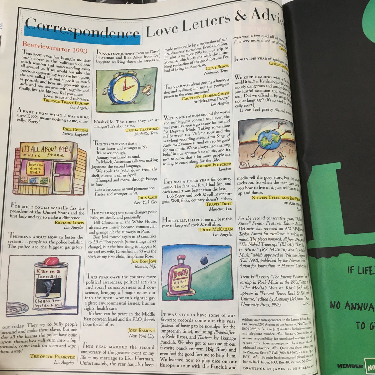 Correspondence section of Rolling Stone Magazine December 23 1993 featuring letters and commentary.