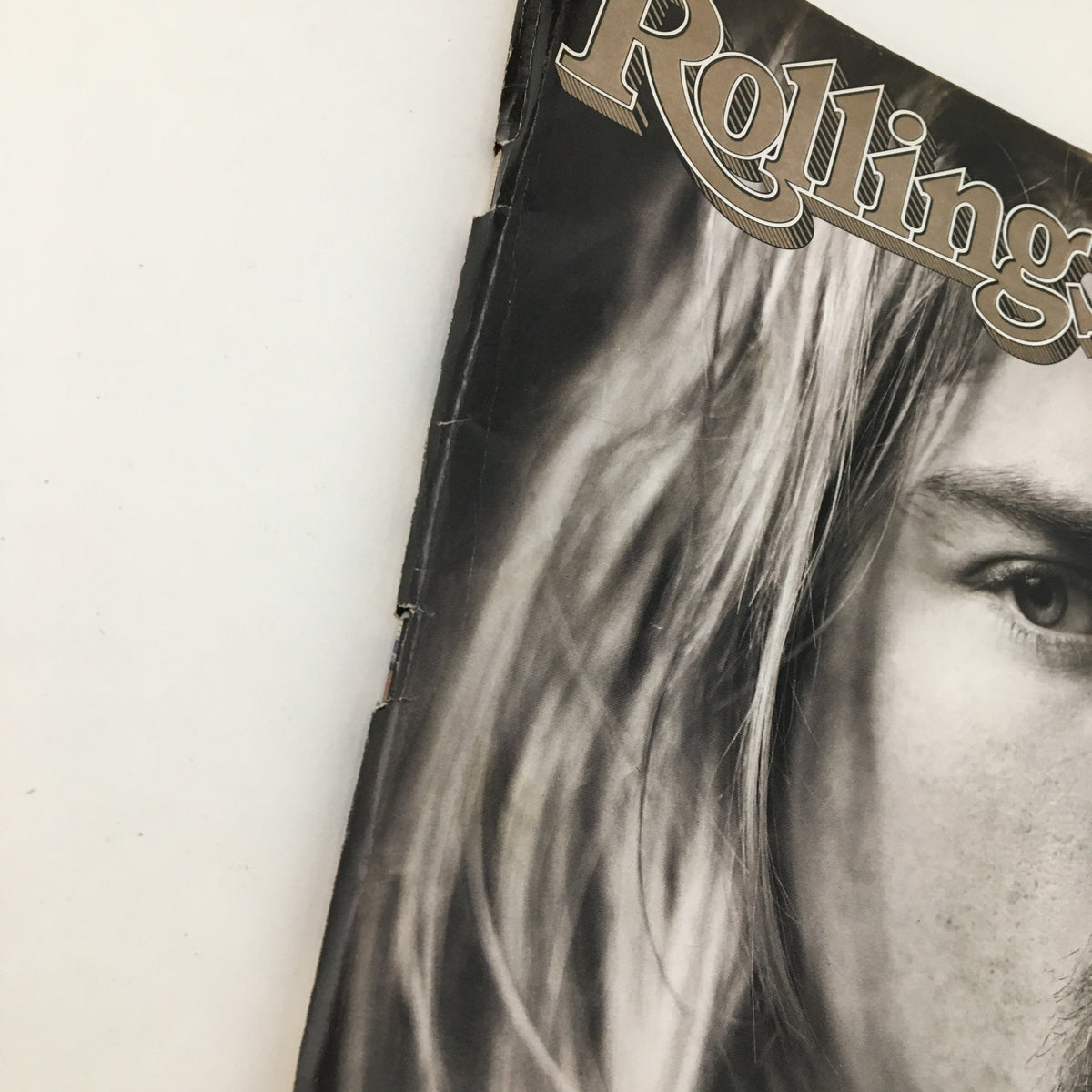 Detailed view of the Rolling Stone Magazine June 2, 1994 cover, highlighting a close-up of the face of Kurt Cobain, noted for his significant impact on music culture.
