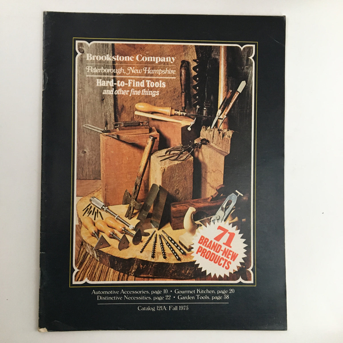 Cover of the 1975 Brookstone Company Hard-To-Find Tools Fall Catalog featuring vintage tools and gadgets, showcasing a nostalgic design and details about new products.