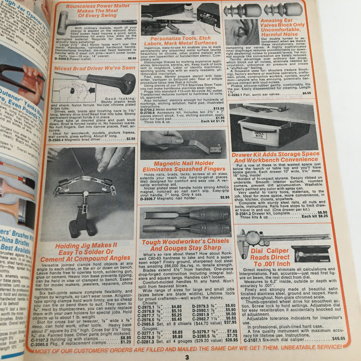 1975 Brookstone Company Hard-To-Find Tools Fall Catalog page showcasing various unique tools, including a bounceable power mallet and magnetic nail holder.