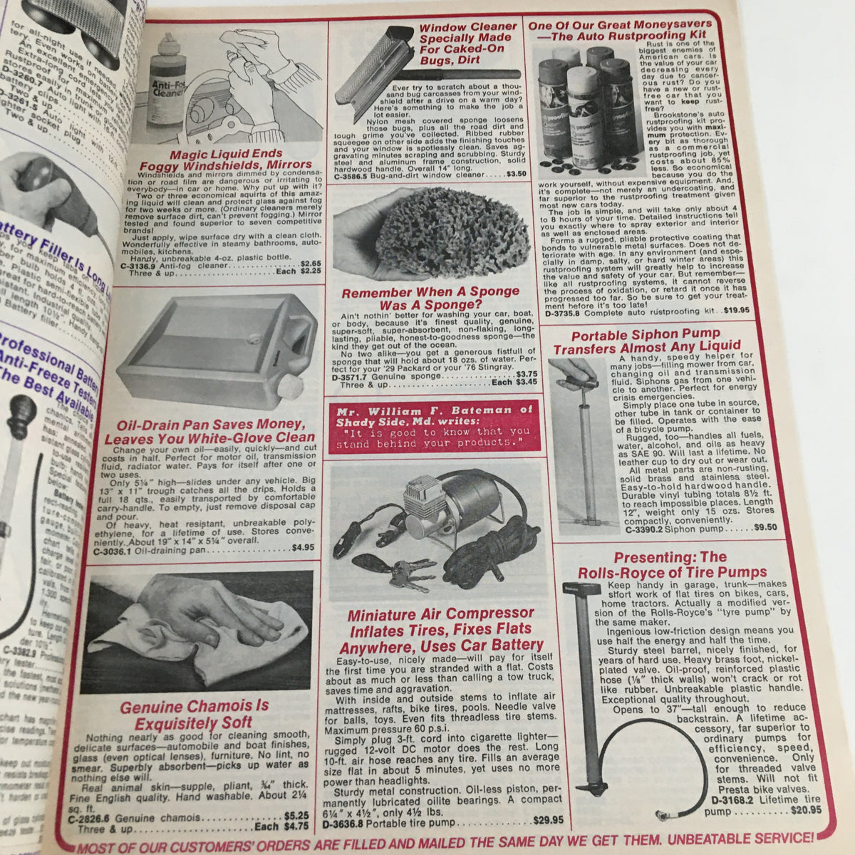 1975 Brookstone Company Hard-To-Find Tools Fall Catalog page displaying a range of products like a window cleaner and portable siphon pump, perfect for vintage tool collectors.