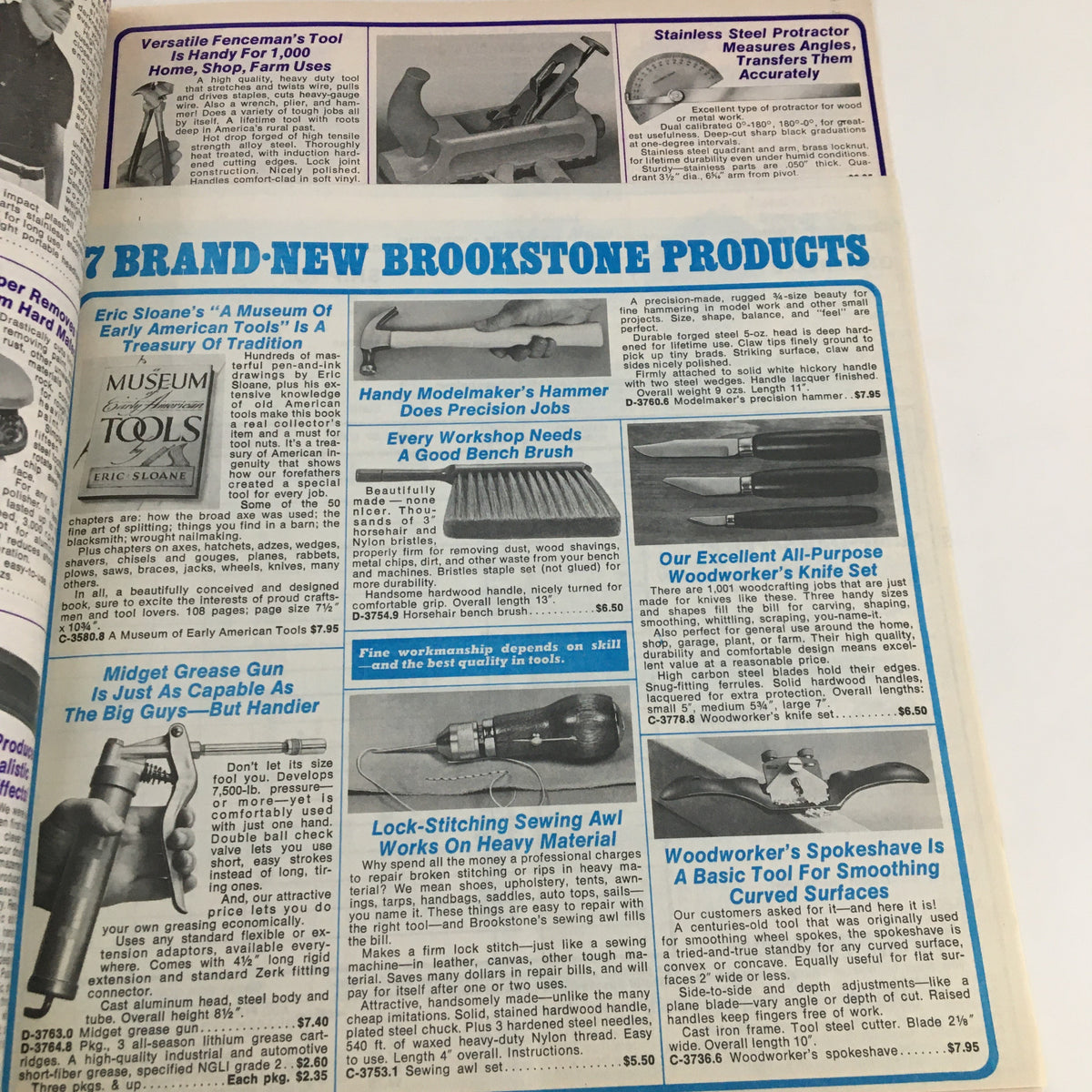 1975 Brookstone Company Hard-To-Find Tools Fall Catalog page highlighting new workshop tools, including a hammer and knife set for woodworking enthusiasts.