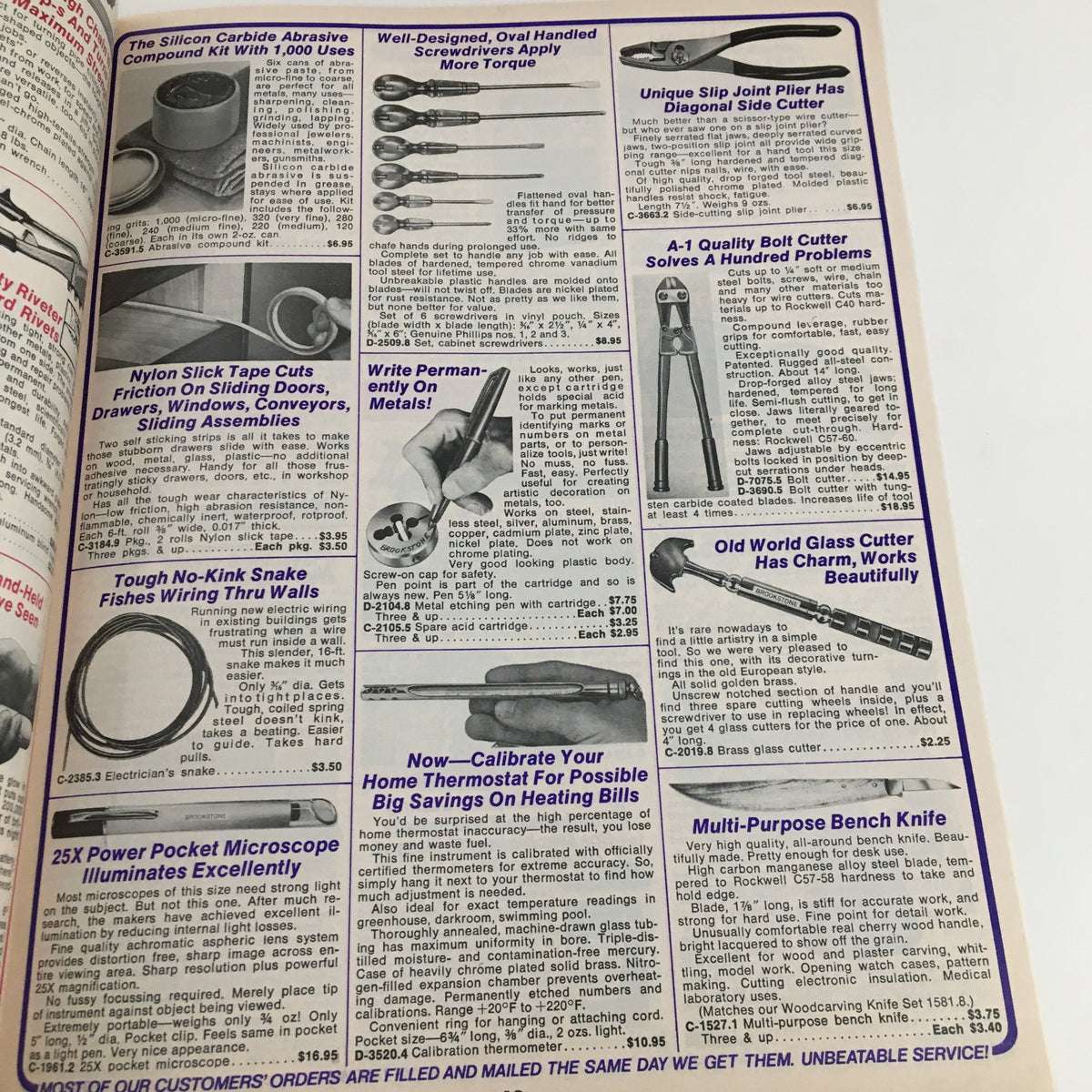 1975 Brookstone Company Hard-To-Find Tools Fall Catalog page with various handy products like a pocket microscope and multi-purpose bench knife for DIY projects.