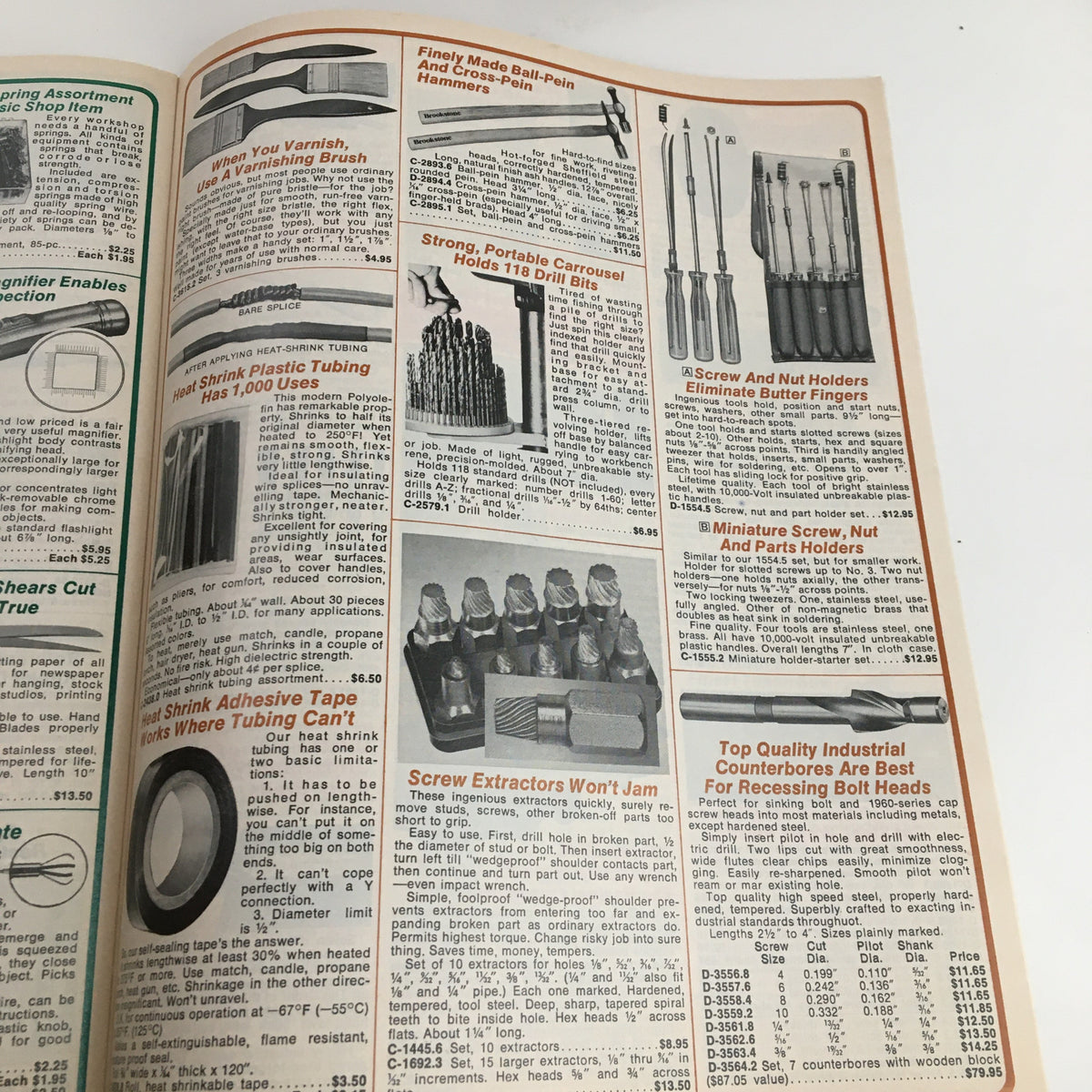 Interior page of the 1975 Brookstone Company Hard-To-Find Tools Fall Catalog, showcasing unique tools and gadgets with descriptions and prices, ideal for collectors and vintage enthusiasts.
