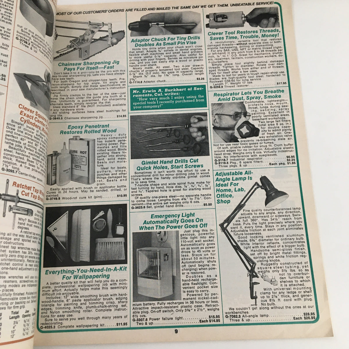 Page 9 of the 1976 Brookstone Company Hard-To-Find Tools Spring Catalog featuring various innovative tools including chain saw sharpening jigs, epoxy penetrated restoration tools, and an adjustable lamp, ideal for DIY enthusiasts.