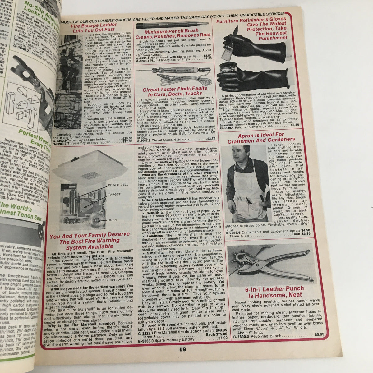 Page 19 of the 1976 Brookstone Company Hard-To-Find Tools Spring Catalog showcasing a miniature pencil brush, circuit tester for vehicles, and multitasking apron for craftsmen, perfect for vintage tool collectors.