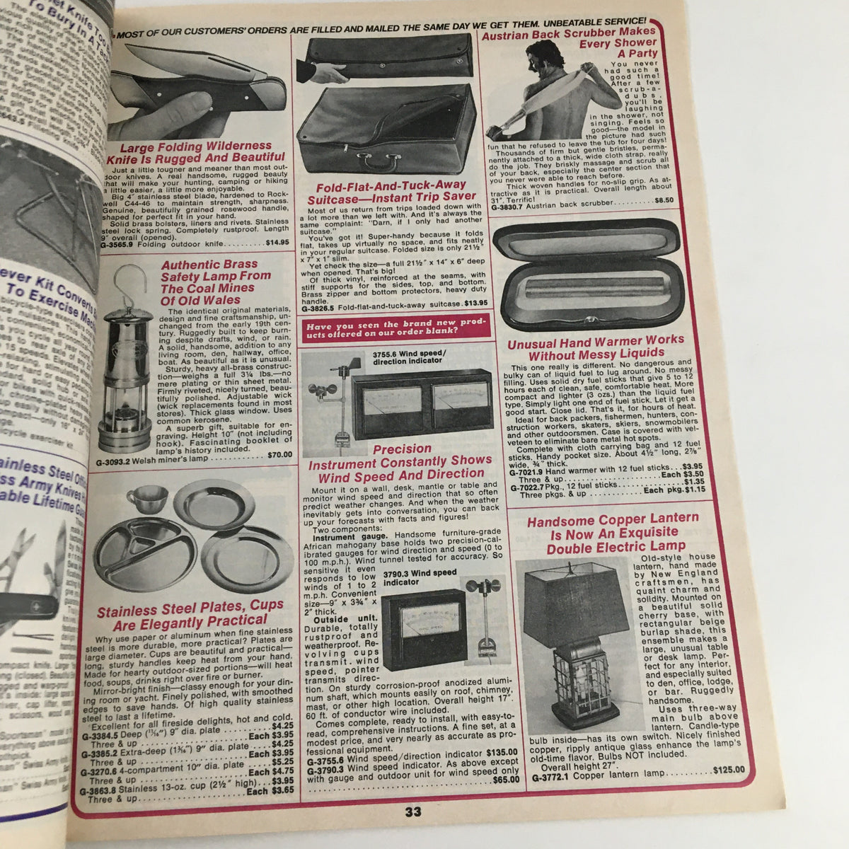 Page 33 of the 1976 Brookstone Company Hard-To-Find Tools Spring Catalog displaying a variety of unique tools including a double electric lamp, unusual hand warmer, and precision instrument tools, appealing to DIY fans and history buffs.