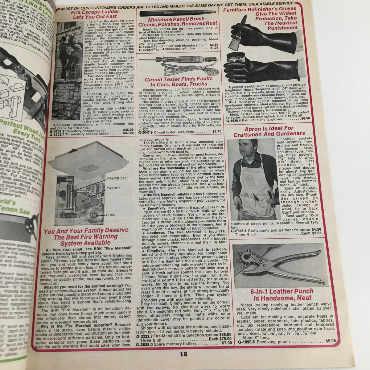 Interior page 19 of the 1976 Brookstone Company Hard-To-Find Tools Automotive Accessories Spring Catalog featuring tools for home safety and gardening, including a circuit tester and an apron for craftsmen.