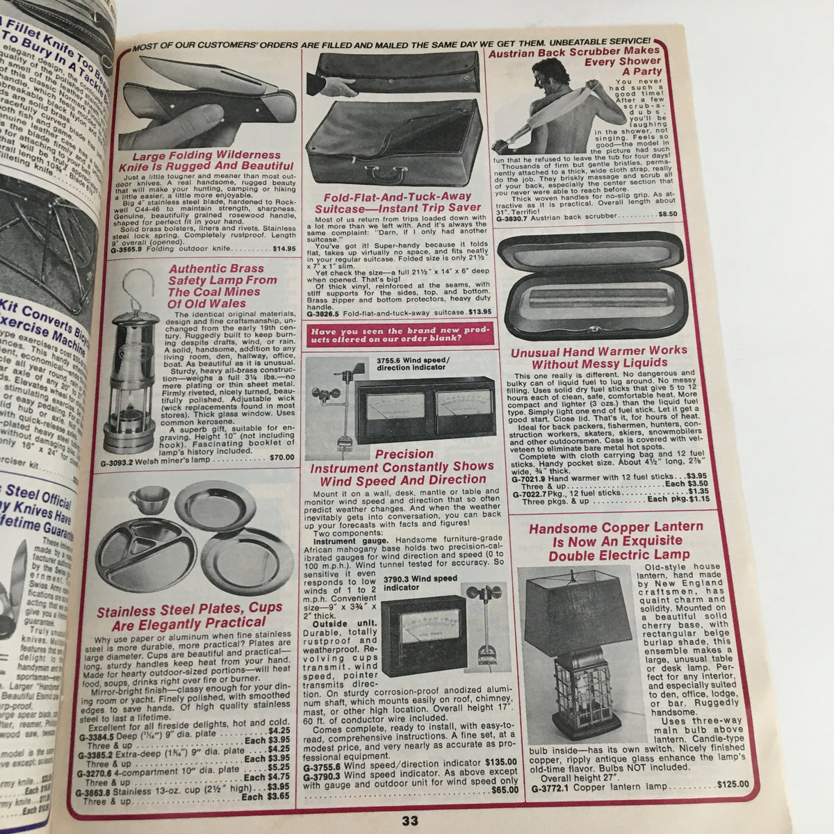 Interior page 33 of the 1976 Brookstone Company Hard-To-Find Tools Automotive Accessories Spring Catalog showcasing unique camping and lighting accessories like a lantern and a folding suitcase.