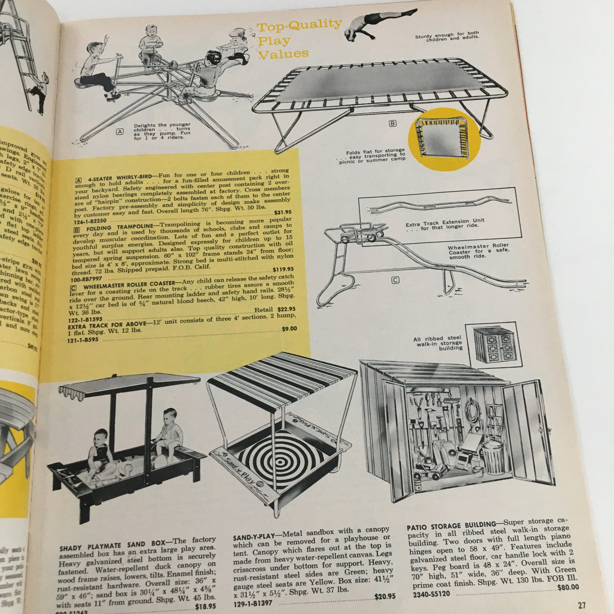 1962 Best Products Company Inc. Gifts For Every Occasion - A collection of children's play equipment including a trampoline, merry-go-round, and play sandboxes, showcasing safety features and pricing.