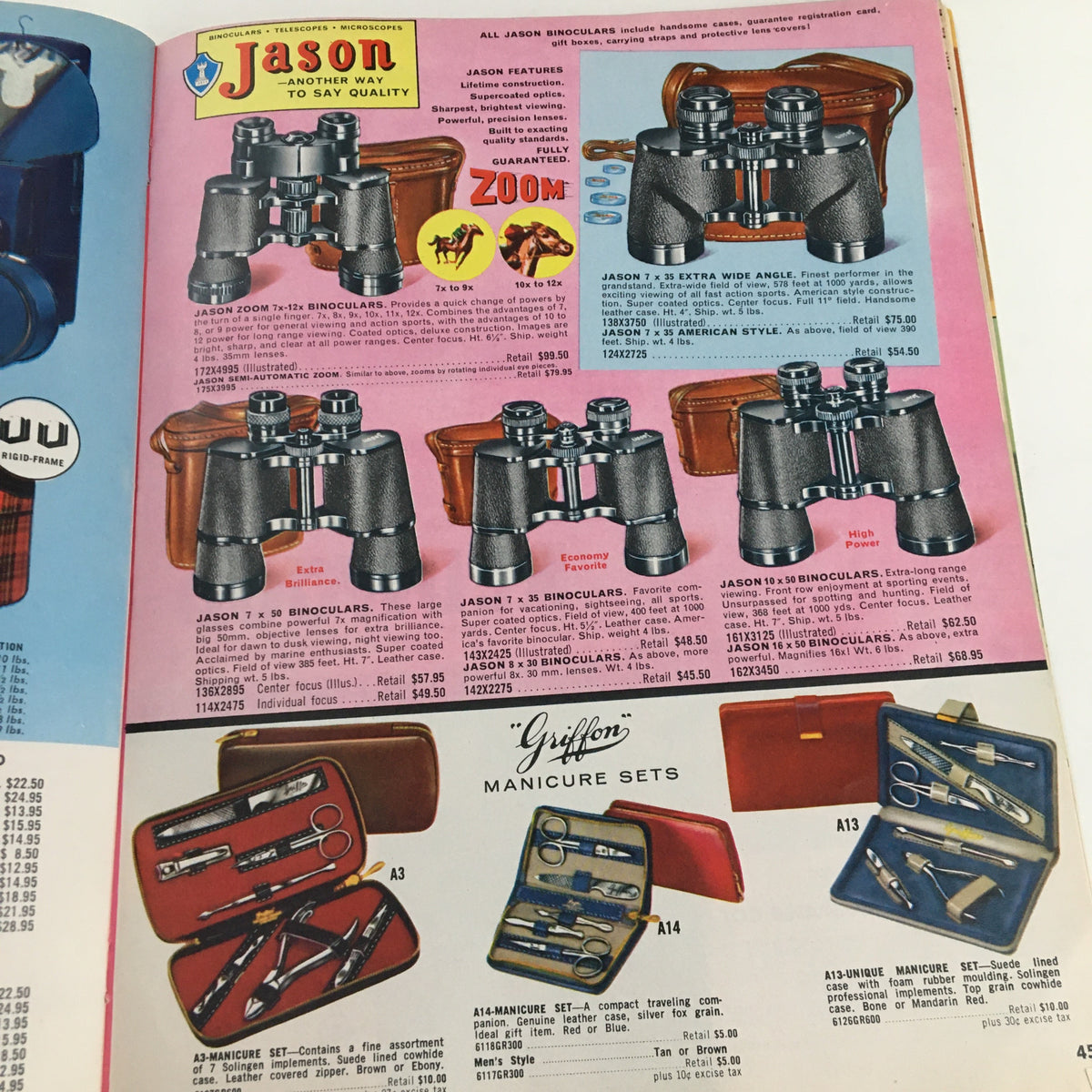 1962 Best Products Company Inc. Gifts For Every Occasion - A colorful page advertising Jason binoculars and Griffon manicure sets, featuring product descriptions and pricing details.