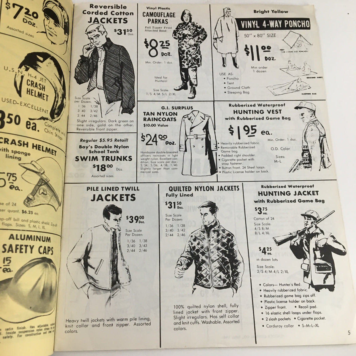 Page from the 1967 R. E. Peacock - Central Co. Wholesale Price List Catalog showcasing jackets, ponchos and prices for various outdoor apparel.