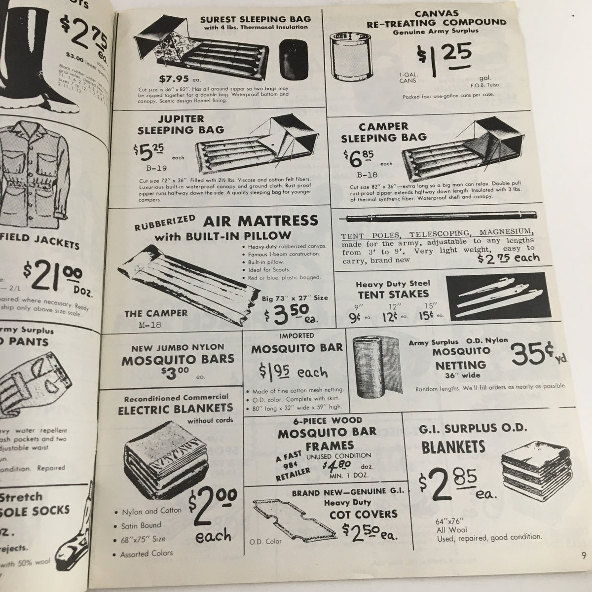 Page from the 1967 R. E. Peacock - Central Co. Wholesale Price List Catalog featuring camping equipment including sleeping bags and air mattresses with prices.