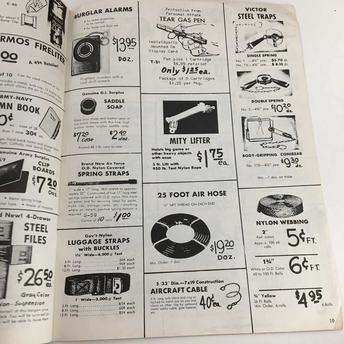 Page from the 1967 R. E. Peacock - Central Co. Wholesale Price List Catalog displaying home security products and tools available for wholesale prices.