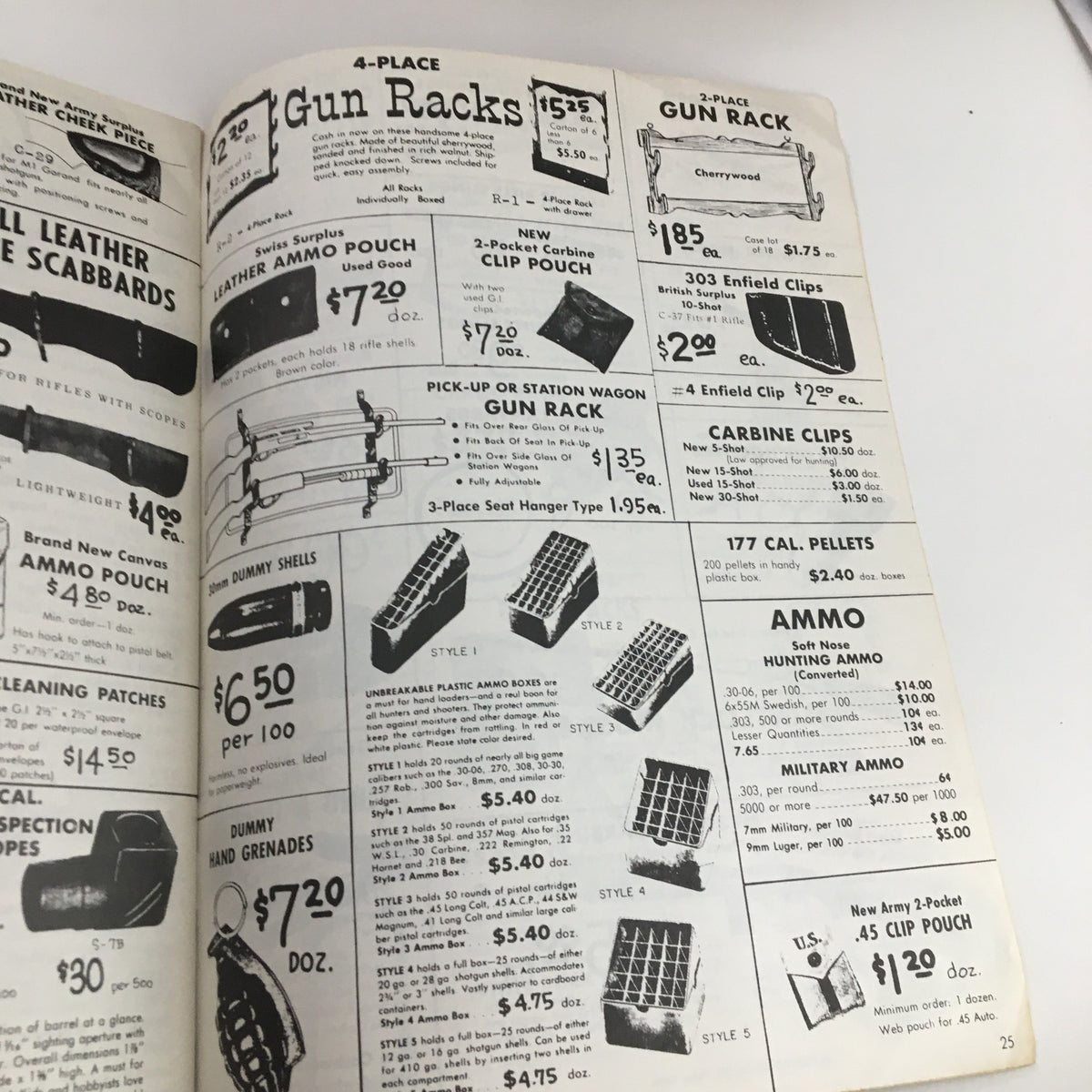 Page from the 1967 R. E. Peacock - Central Co. Wholesale Price List Catalog listing gun racks and ammunition accessories with pricing details.