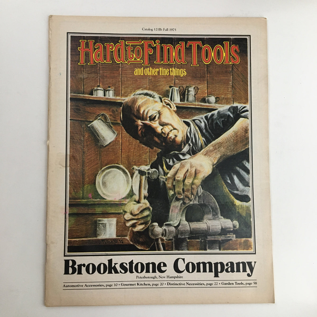 Cover of the 1975 Brookstone Company Hard To Find Tools Fall Catalog featuring a craftsman working with tools and vibrant illustrations.