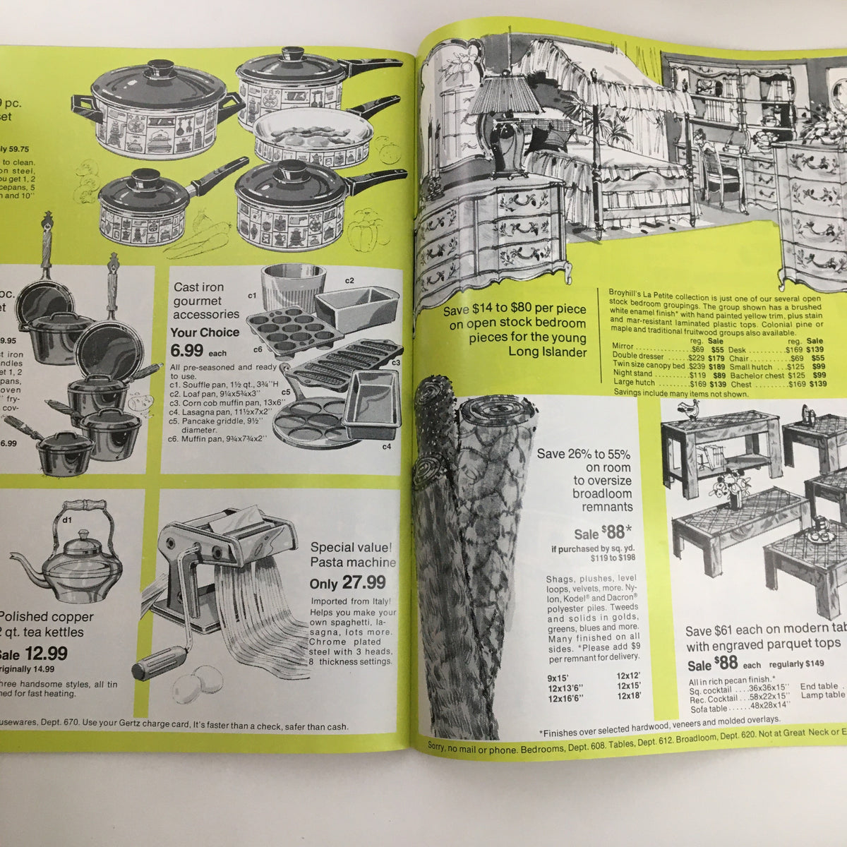 1970 Gertz A Unit of Allied Stores Fall Preview Sale Catalog page displaying kitchen items including cookware and a pasta machine, with highlighted savings.