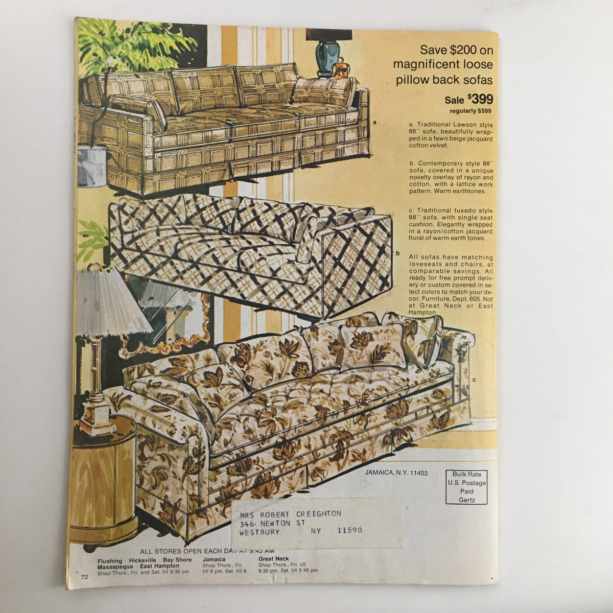 1970 Gertz A Unit of Allied Stores Fall Preview Sale Catalog page showing sofas with sales information, emphasizing savings on various styles.
