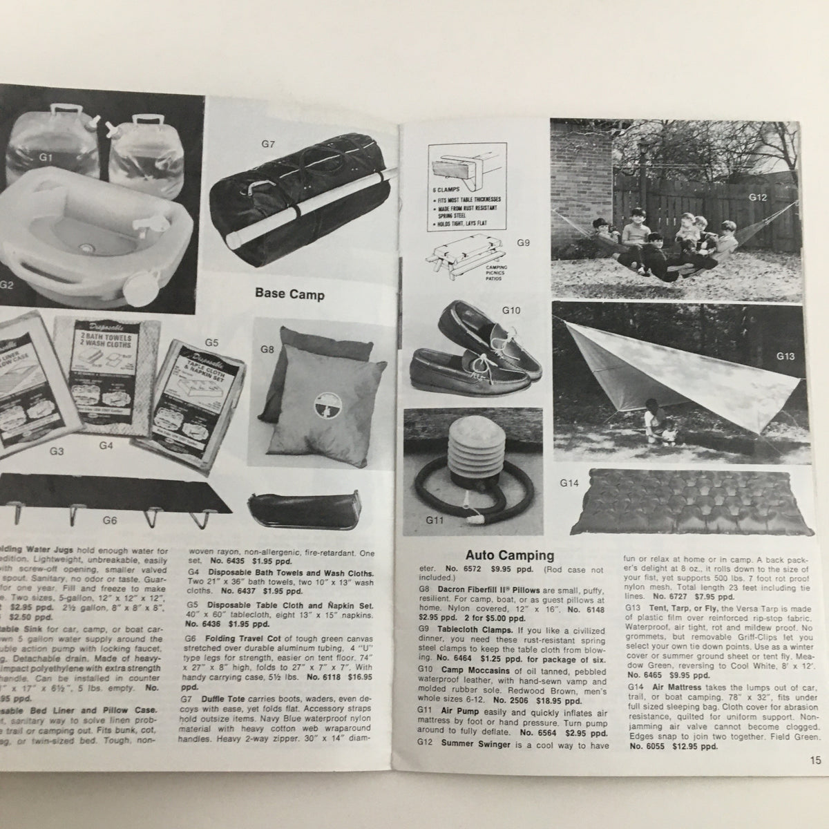 Interior spread of the 1974 - 1975 Tight Lines Price Guide Catalog showcasing outdoor camping products and accessories.