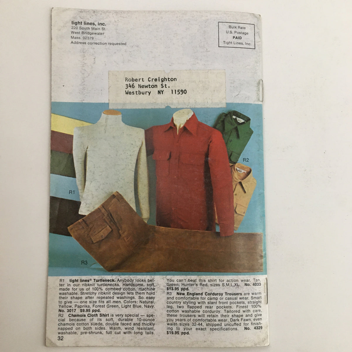 Back cover of the 1974 - 1975 Tight Lines Price Guide Catalog with clothing items and a label for identification.