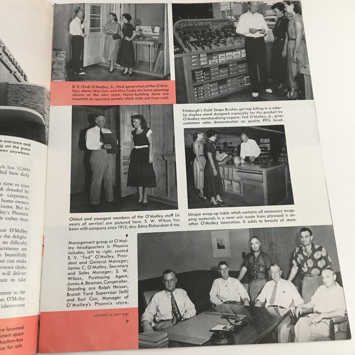 Featured photographs of E.V. O'Malley Jr. with family and staff in the 1951 November - December Products Happiest of the Year Price Catalog, showcasing local business culture.