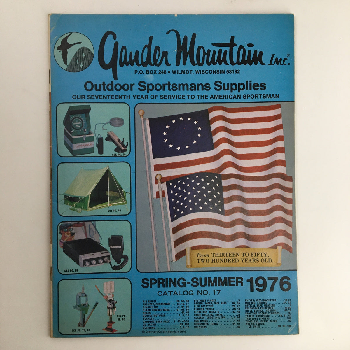 1976 Gander Mountain Inc. Spring Summer Catalog No. 17 featuring outdoor sportsman's supplies, including equipment and camping gear, with an American flag backdrop.
