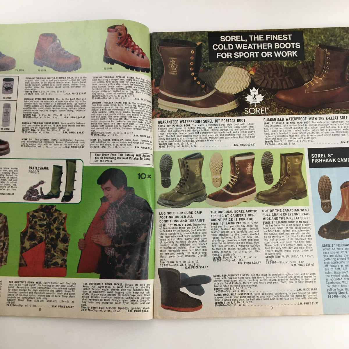 1976 Gander Mountain Inc. Spring Summer Catalog No. 17 showcasing Sorel cold weather boots for sport or work, with detailed product descriptions and images.