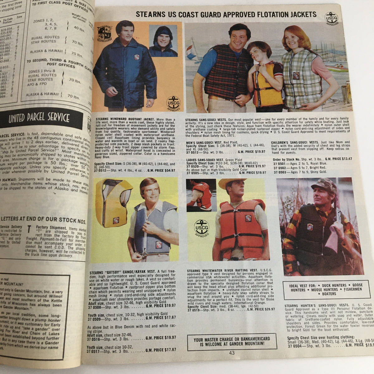 1976 Gander Mountain Inc. Spring Summer Catalog No. 17 featuring Stearns US Coast Guard approved flotation jackets, along with product details and visual representations.