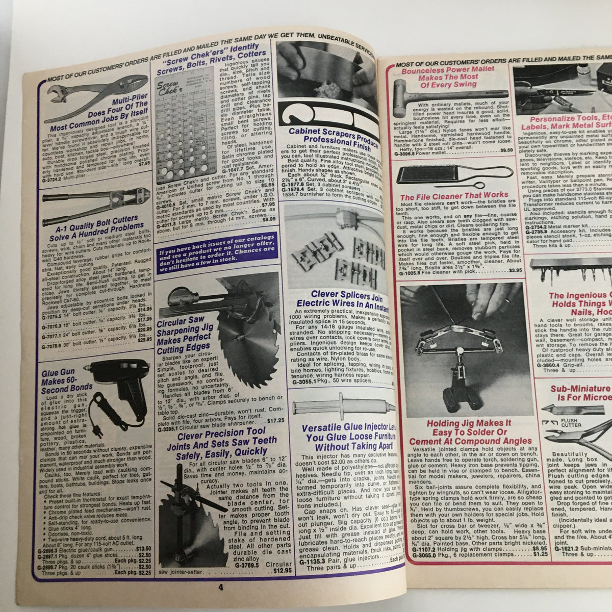 Inside page of the 1976 Brookstone Company Hard-To-Find Tools and Other Things Catalog showcasing various tools and gadgets with descriptions.