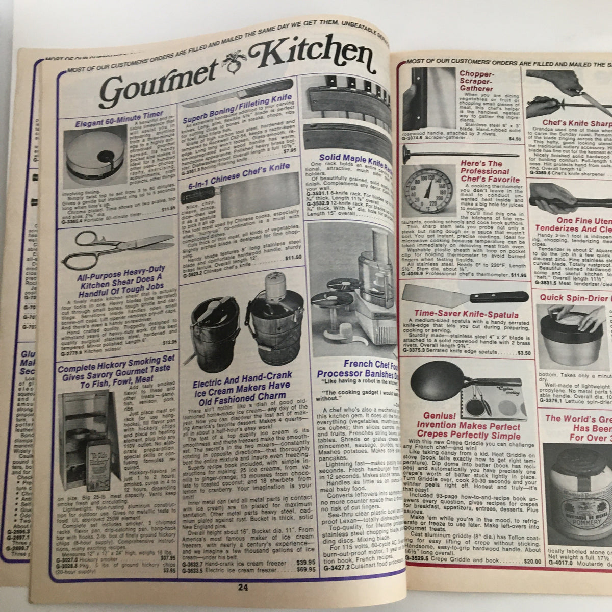 Gourmet Kitchen section from the 1976 Brookstone Company Hard-To-Find Tools and Other Things Catalog displaying kitchen tools and utensils.
