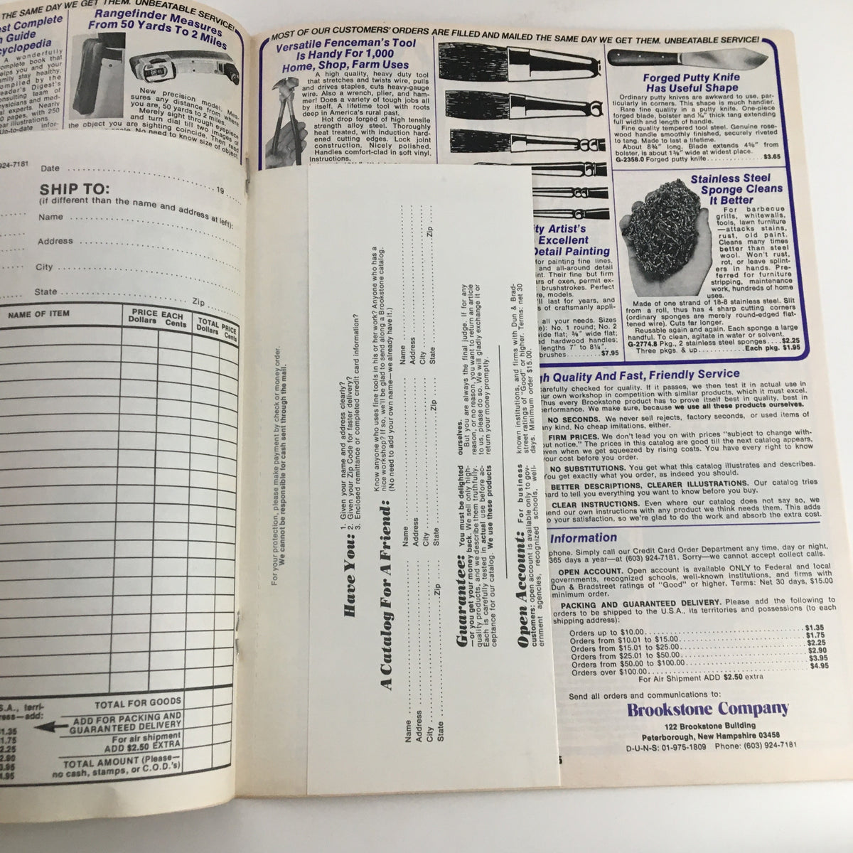 Back cover of the 1976 Brookstone Company Hard-To-Find Tools and Other Things Catalog including customer order form and shipping information.