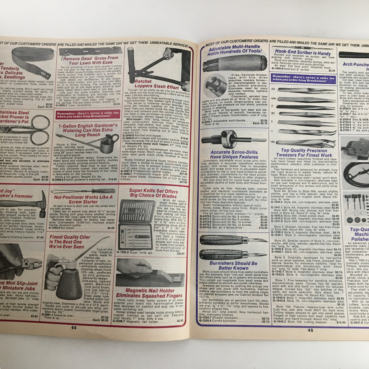 Page from the 1976 Brookstone Company Hard-To-Find Tools and Other Things Catalog showcasing a variety of tools including hand tools and multi-tools.