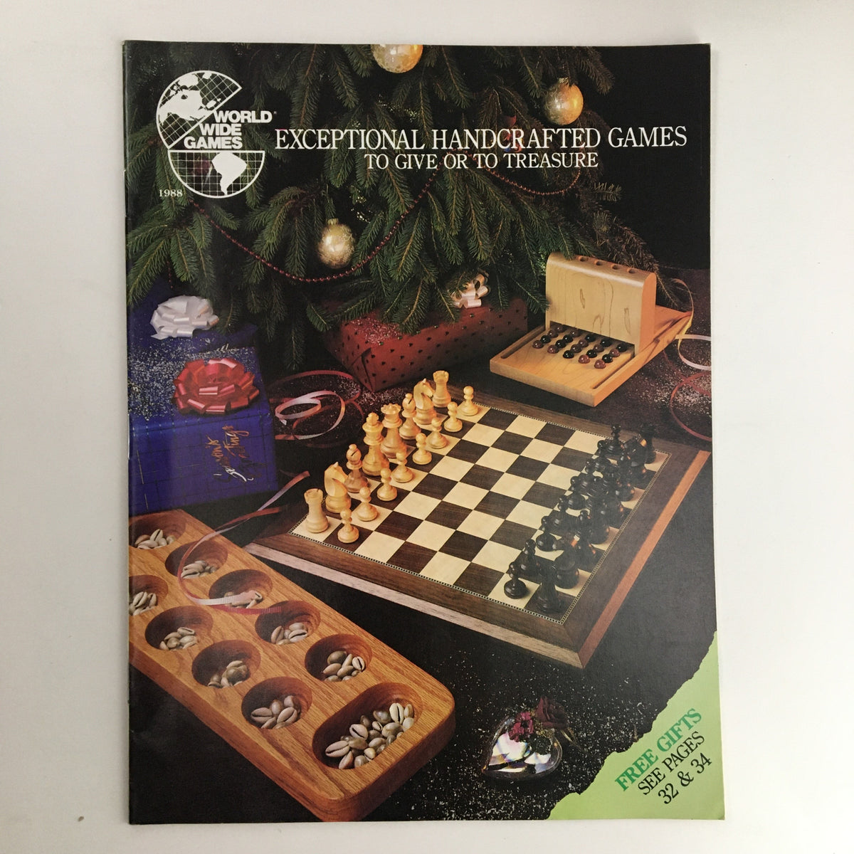 Cover of the 1988 World Wide Games Exceptional Handcrafted Games To Give Catalog featuring a chess set and various wooden games under a Christmas tree.